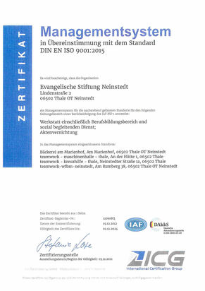 Zertifikat: Zertifiziertes Managementsystem nach DIN EN ISO 9001:2015